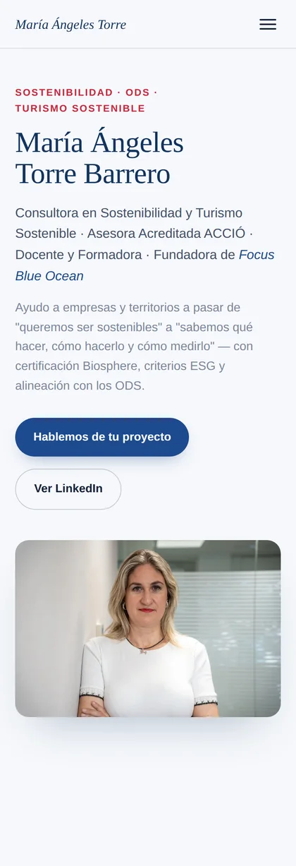 Web de María Ángeles Torre Barrero en móvil, con seis puntos numerados que señalan foto, titular, frase, roles profesionales, botón y estructura