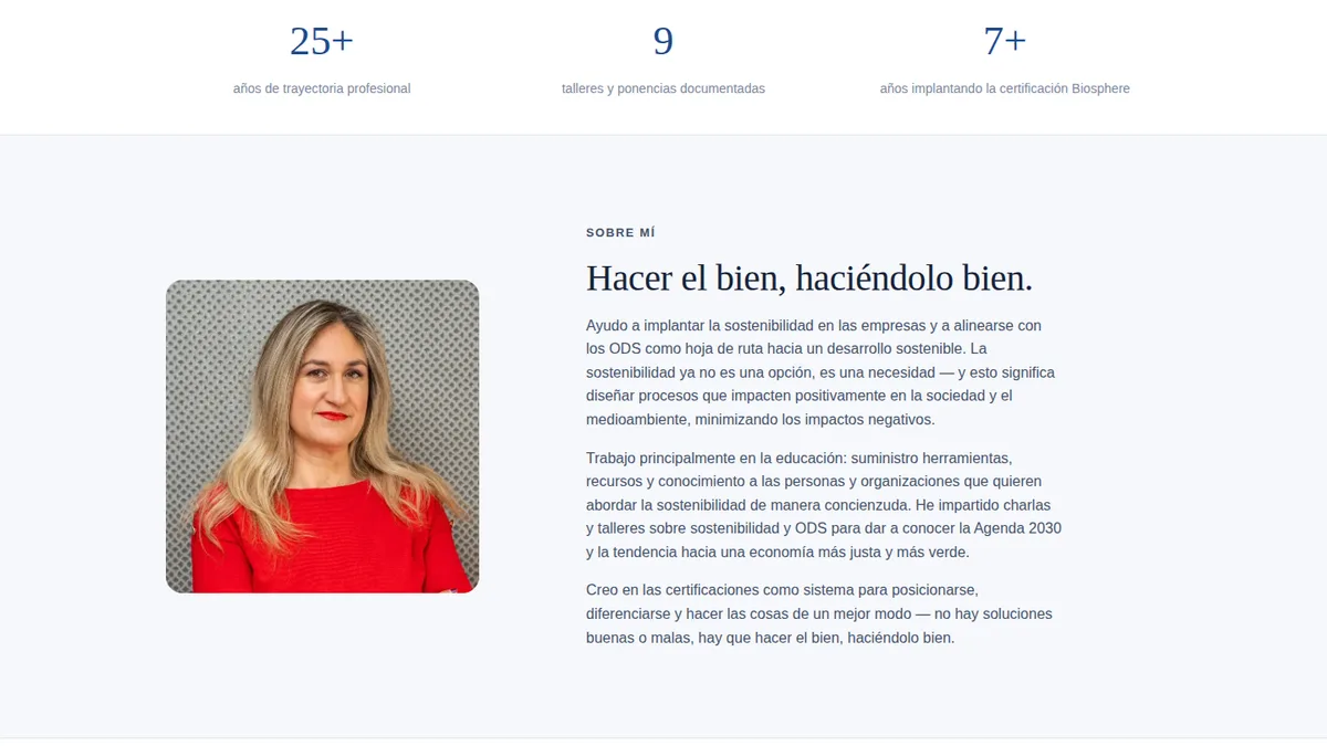 Sección 'Sobre mí' de la misma web: retrato, cifras de trayectoria y una cita en primera persona
